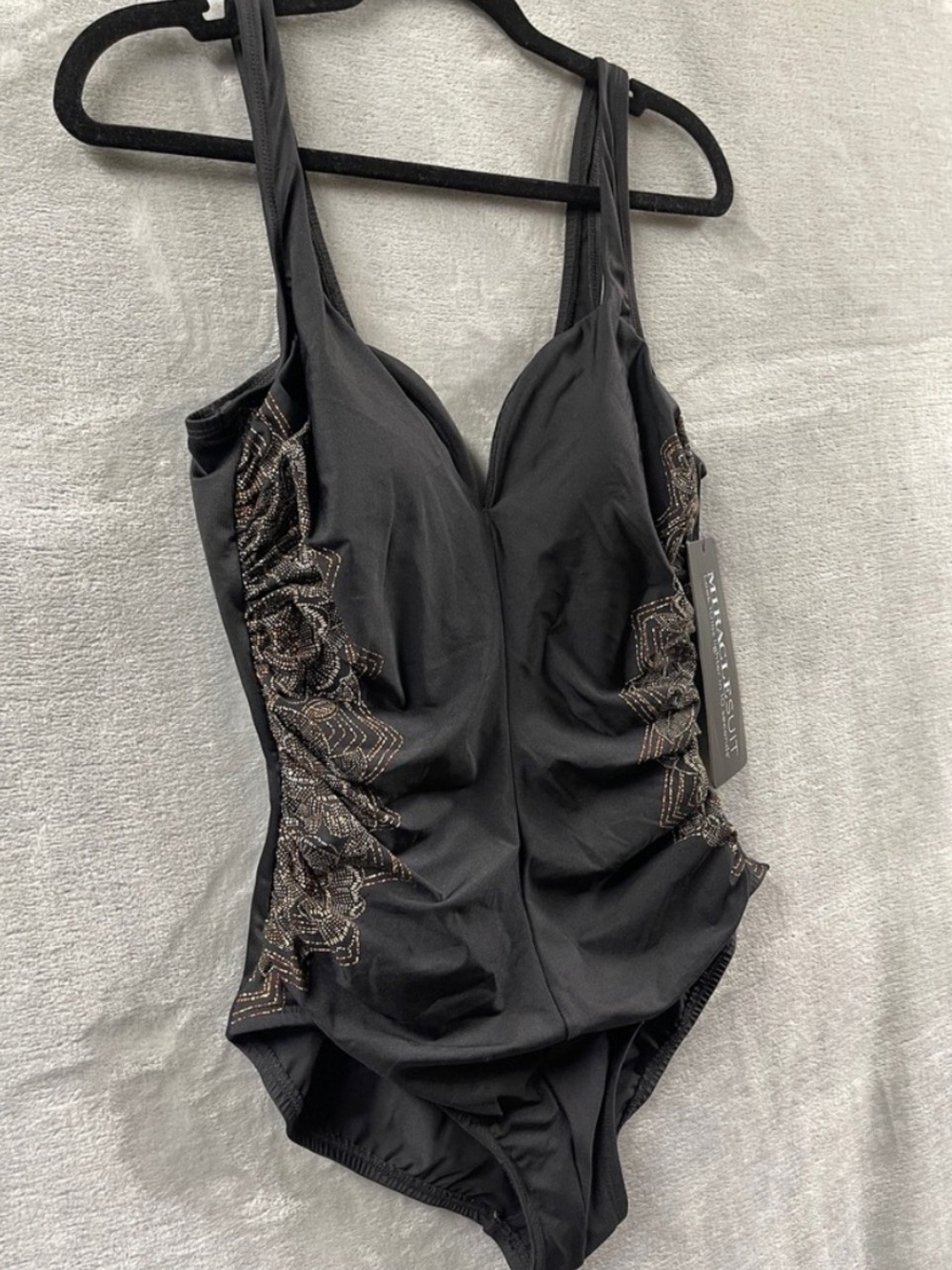 Miraclesuit Black One-Piece Swimsuit with Gold Lace illusion Side Panels - Picture 6 of 12